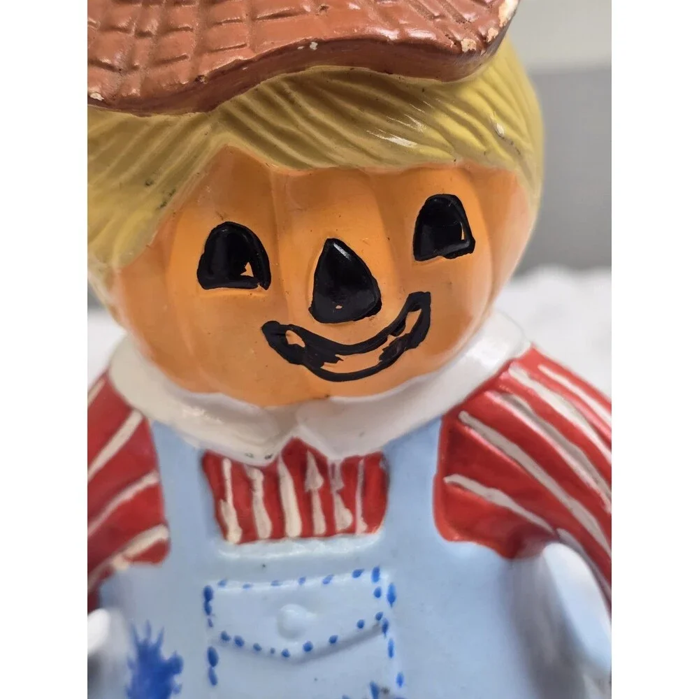 Vintage Halloween Scarecrow Figurine Pumpkin Face Ceramic Painted Mold 80s Decor